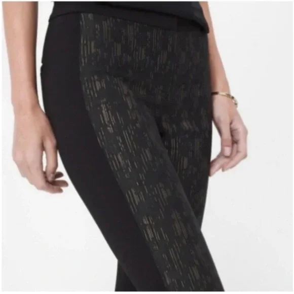 White House Black Market Jaquard Black Gold Ponte Skinny Pants Size 0 - Picture 2 of 14